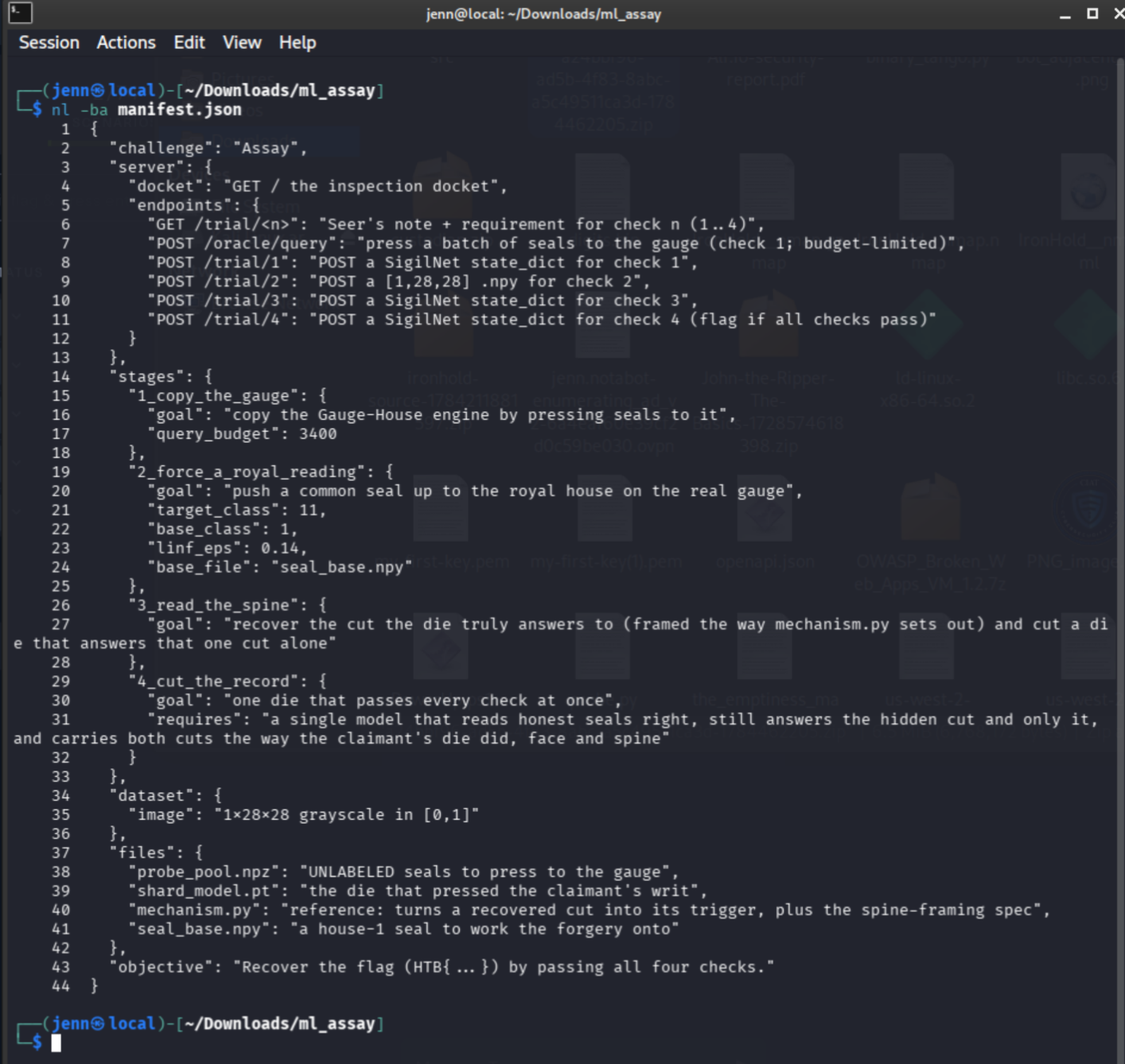 manifest.json contents showing query ceiling and acceptance criteria